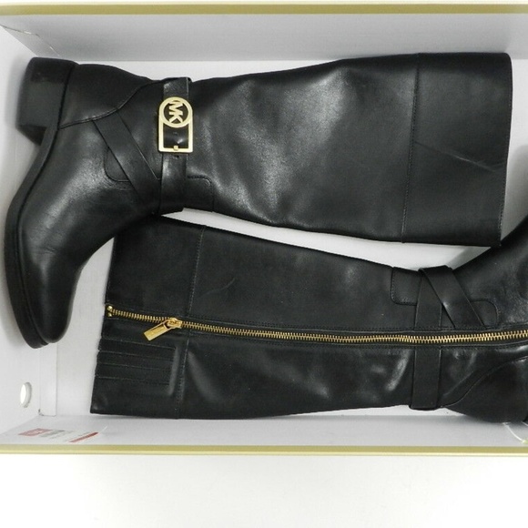 Michael Kors Black Tall Riding Boots Logo Buckle Brcye Sz 5.5 - Picture 2 of 7